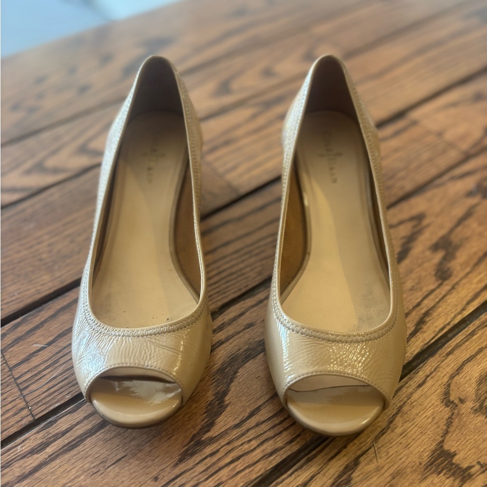 Cole Haan Tan Peep Toe Wedges